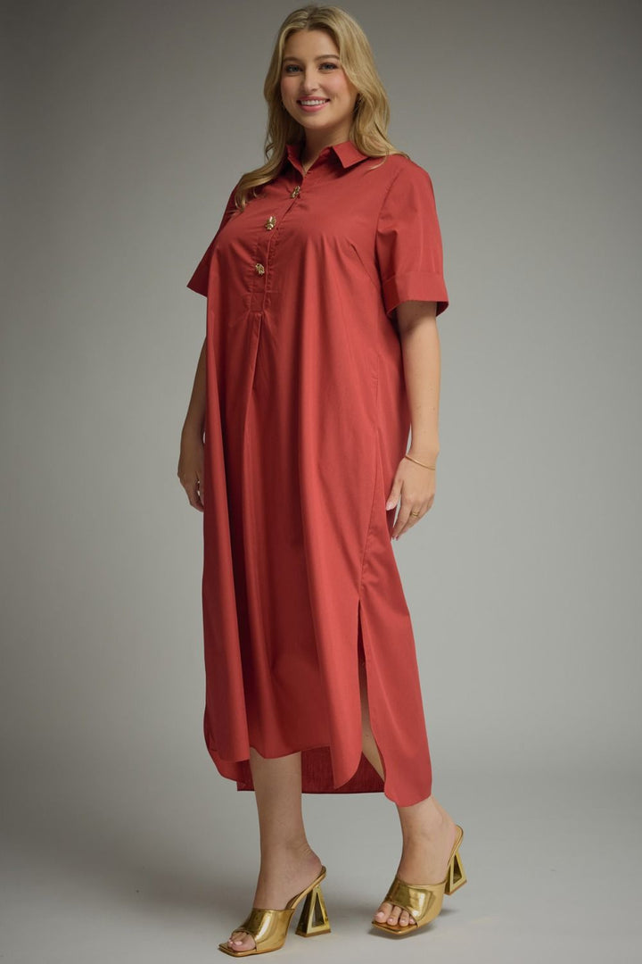 Entro plus size brick red midi dress with gold decorative snap bodice and collar and side slits in the hem