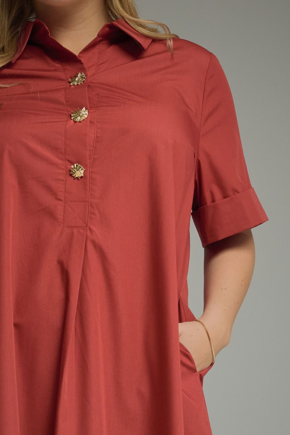 Entro plus size brick red midi dress with gold decorative snap bodice and collar with short sleeves