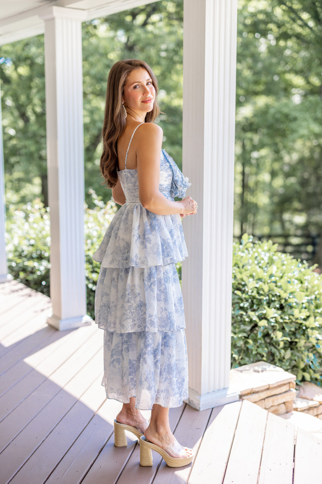 Blue Floral Print Layer Tiered Midi Dress | Purple Door | Commerce GA Small Blue Floral Print Layer Tiered Midi Dress | Purple Door | Commerce GA Small