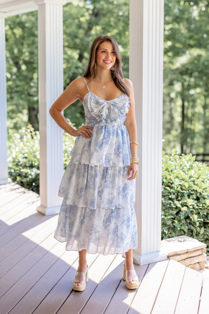 Blue Floral Print Layer Tiered Midi Dress | Purple Door