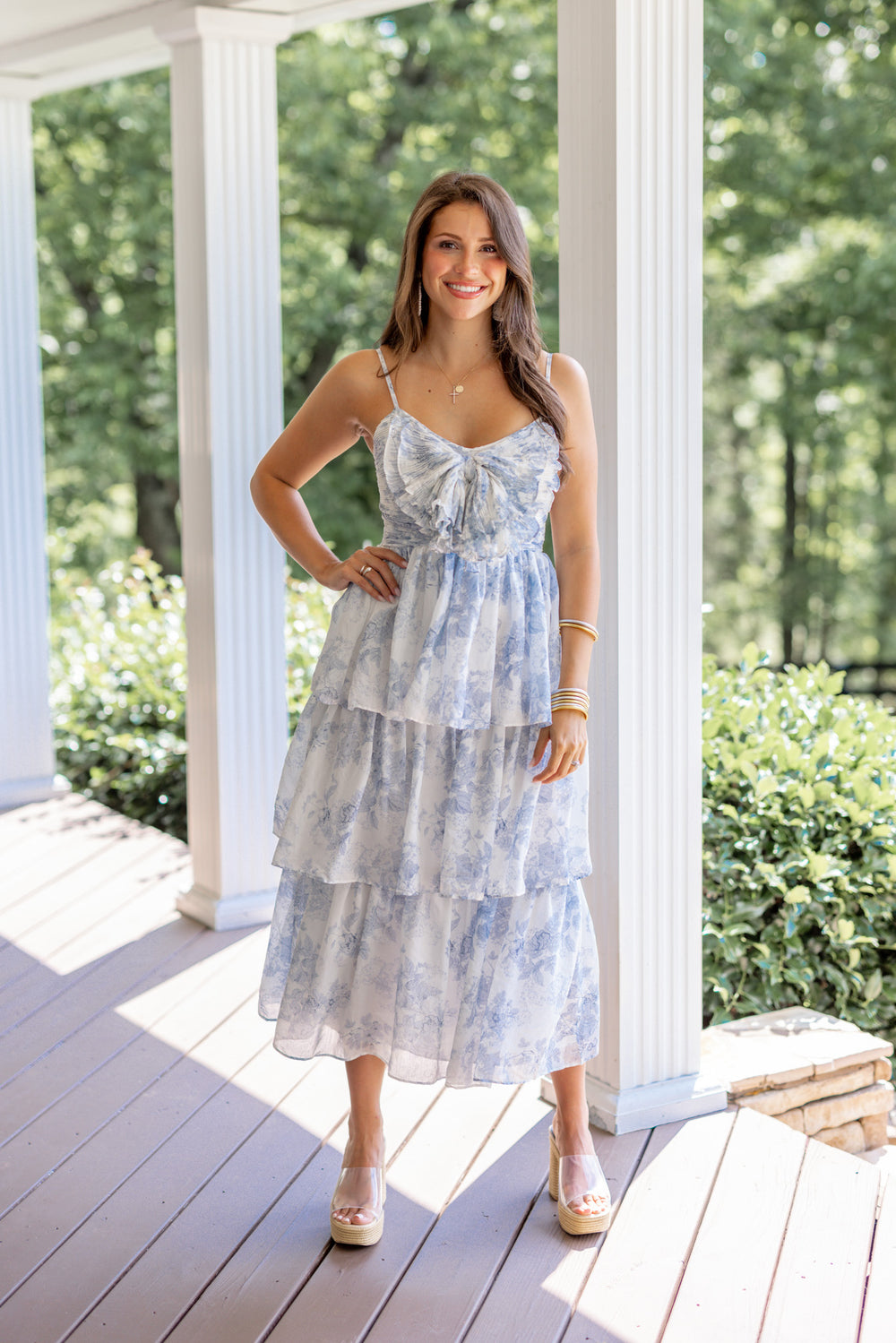 Blue Floral Print Layer Tiered Midi Dress | Purple Door