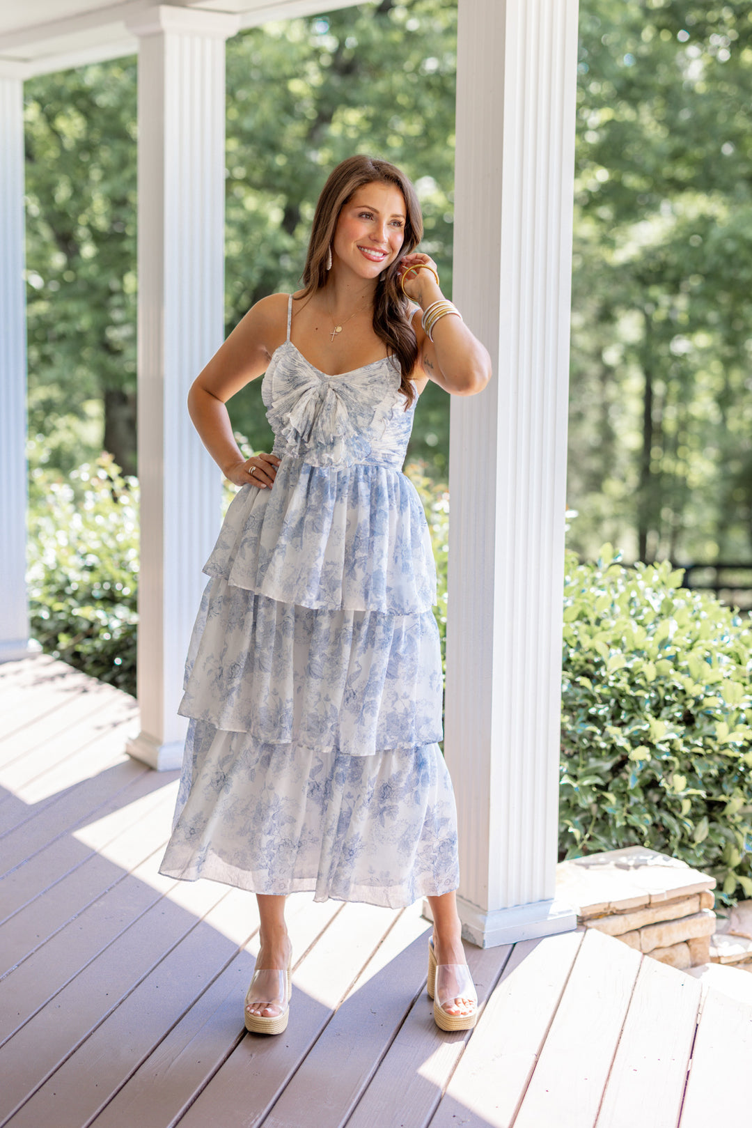 Blue Floral Print Layer Tiered Midi Dress | Purple Door | Commerce GA Small Blue Floral Print Layer Tiered Midi Dress | Purple Door | Commerce GA Small