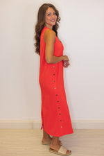 coral ribbed knit solid midi dress