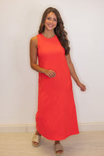 coral ribbed knit solid midi dress