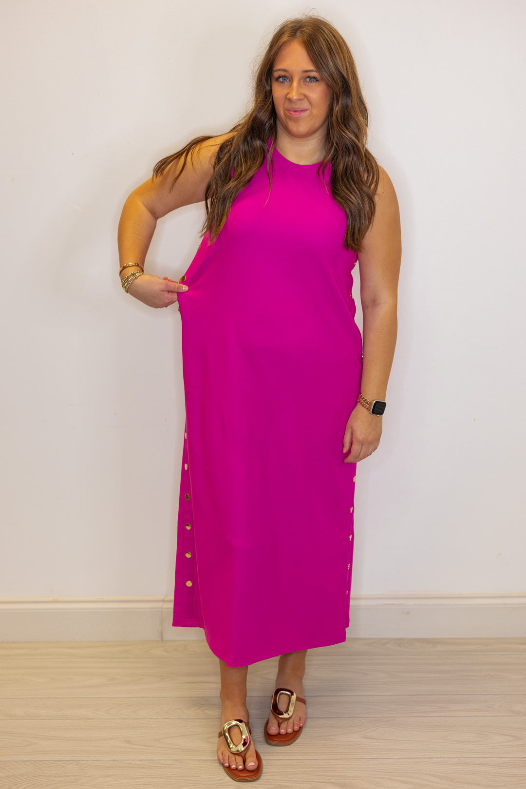 pink ribbed knit solid midi dress