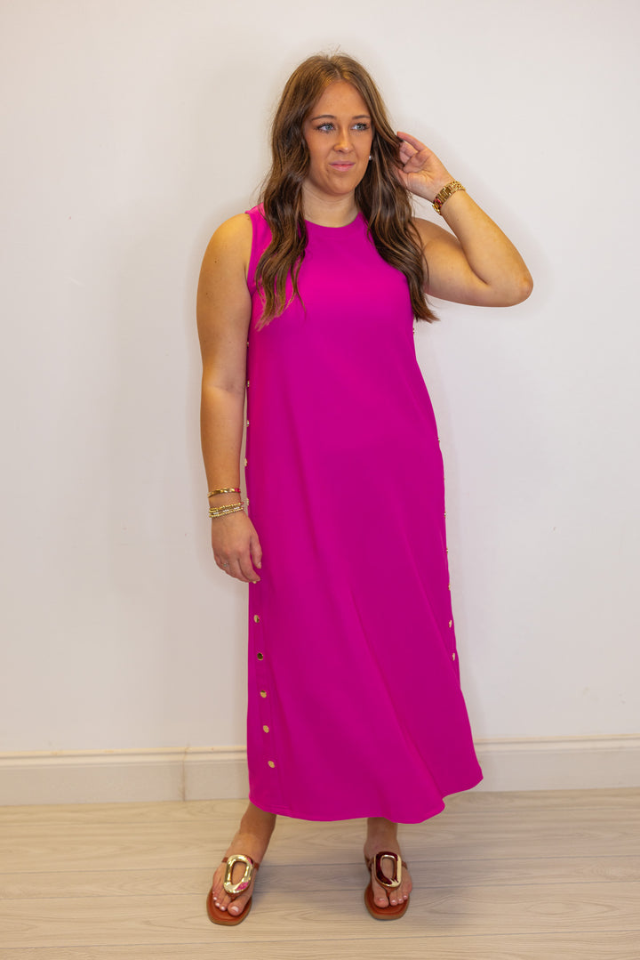 pink ribbed knit solid midi dress