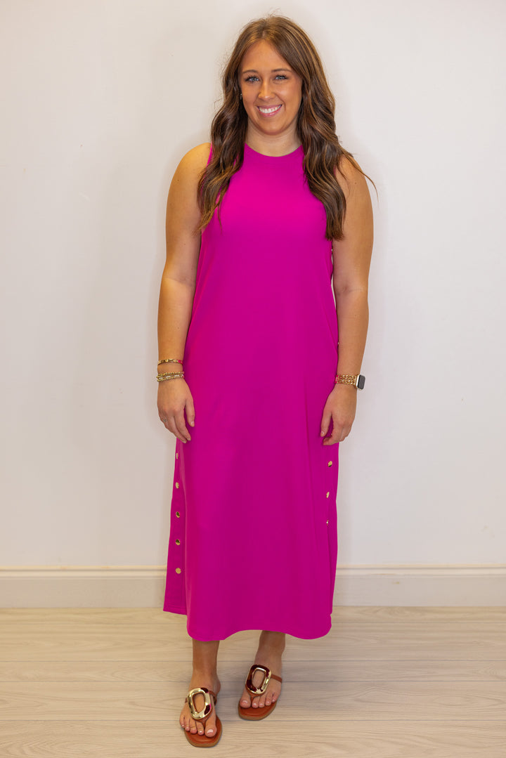 pink ribbed knit solid midi dress