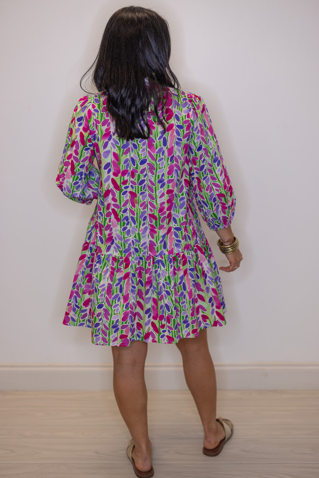 Women's green poplin dress with multicolor floral print and belted waist by Jodifl showing full back view