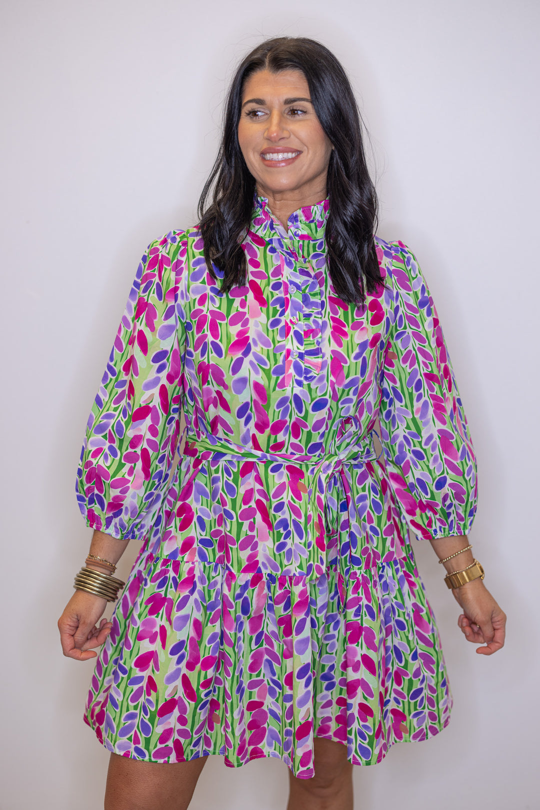 Women's green poplin dress with multicolor floral print and belted waist by Jodifl