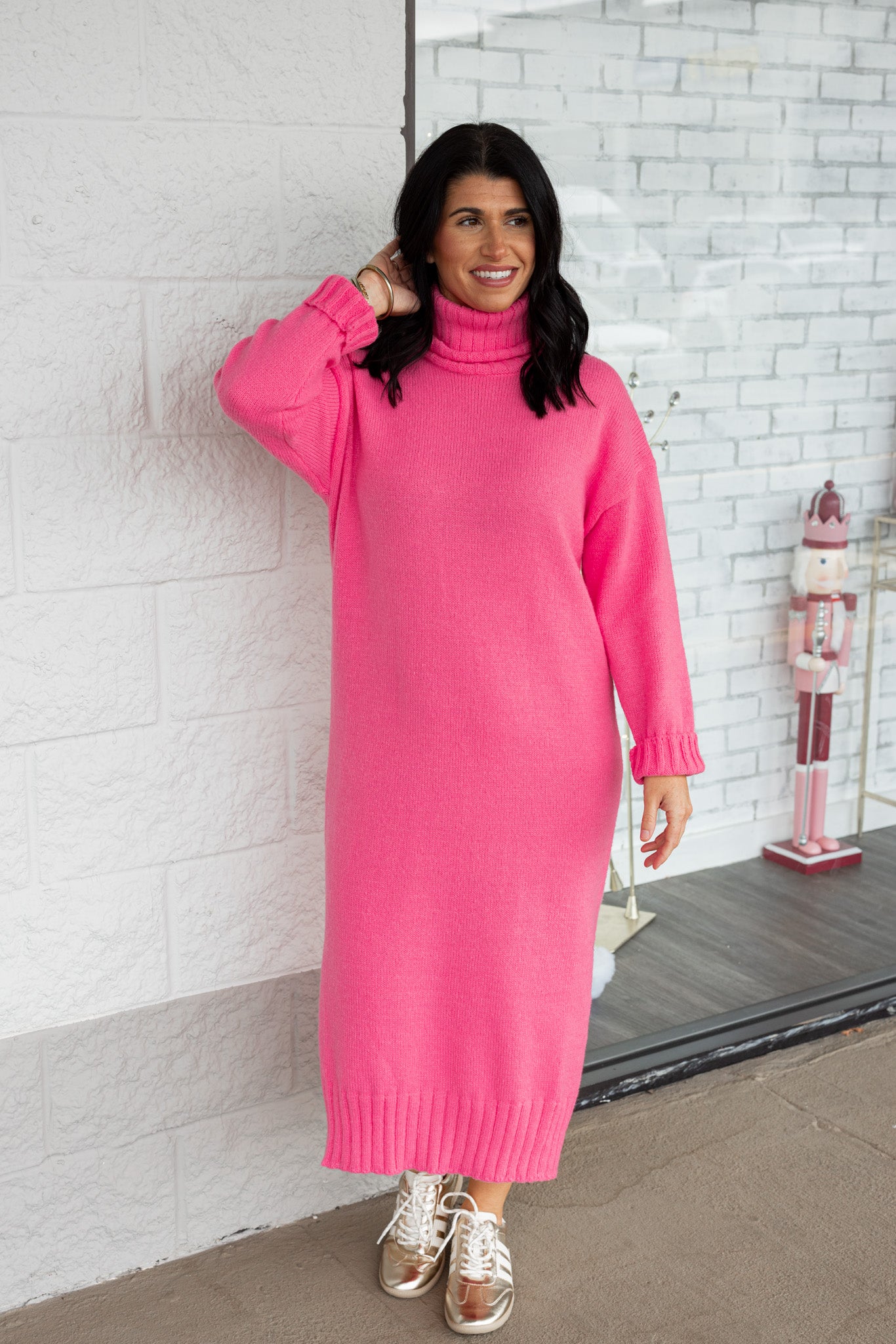 Women's Pink Knit Turtleneck Midi Sweater Dress – Purple Door Boutique