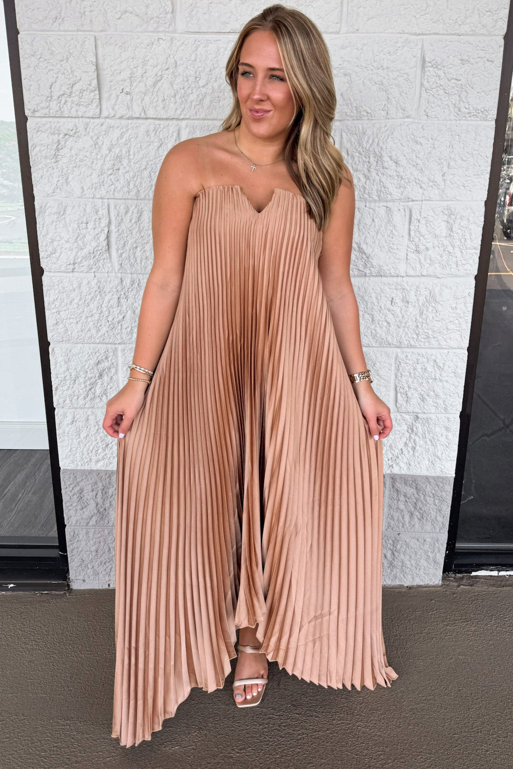 solid light bronze strapless satin asymmetrical hem flowy silhouette satin maxi dress