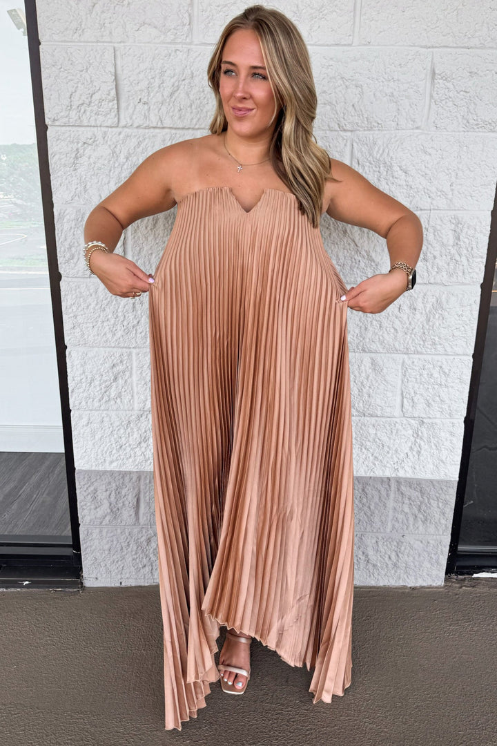 solid light bronze strapless satin asymmetrical shark bite hem pleated satin maxi dress