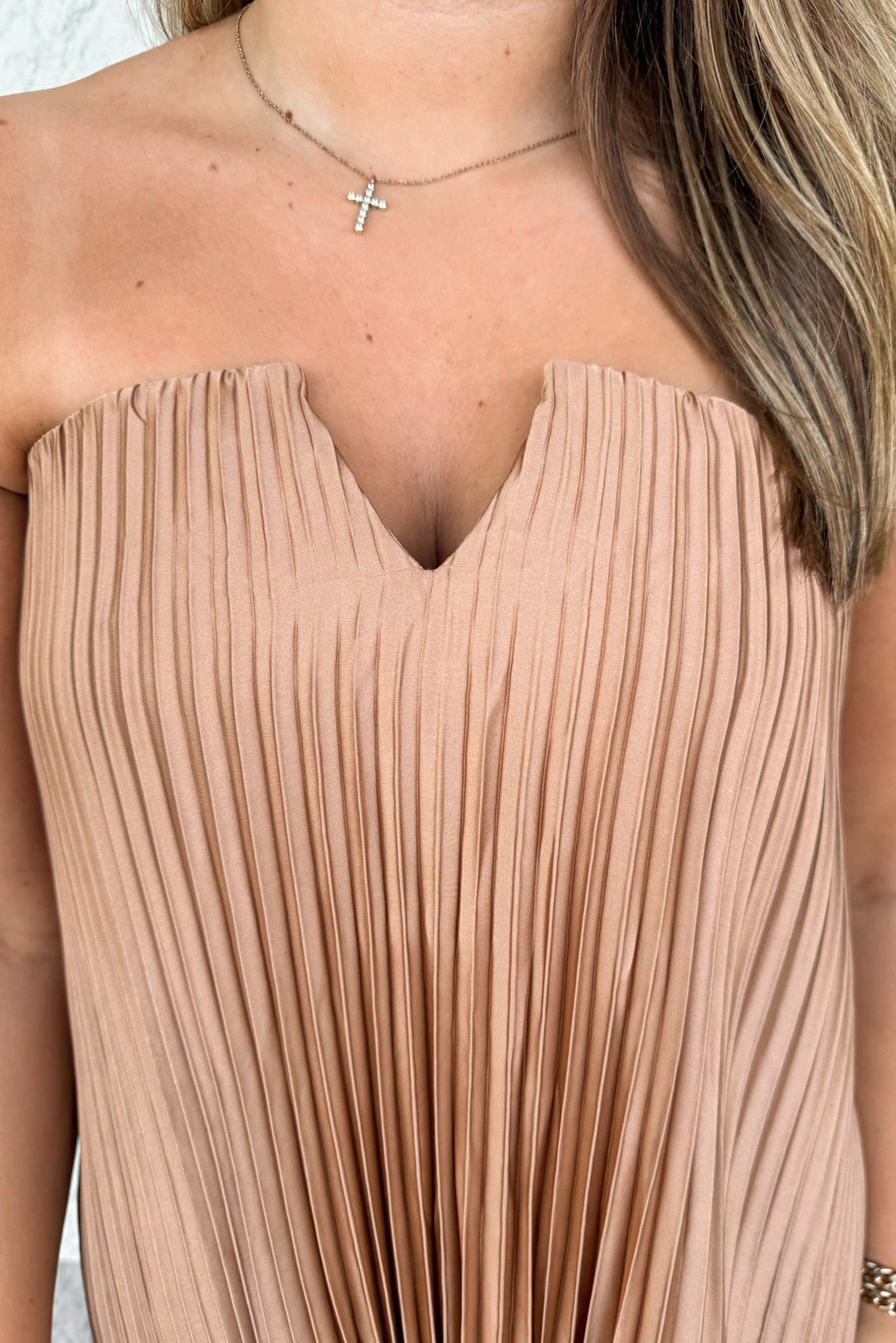 solid light bronze strapless v notch neckline satin asymmetrical hem pleated satin maxi dress