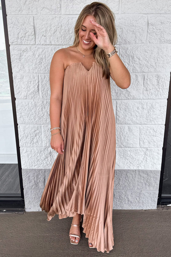 solid light bronze strapless square neckline satin asymmetrical hem pleated satin maxi dress