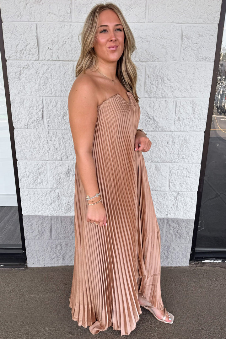 solid light bronze strapless satin asymmetrical hem relaxed fit pleated satin maxi dress