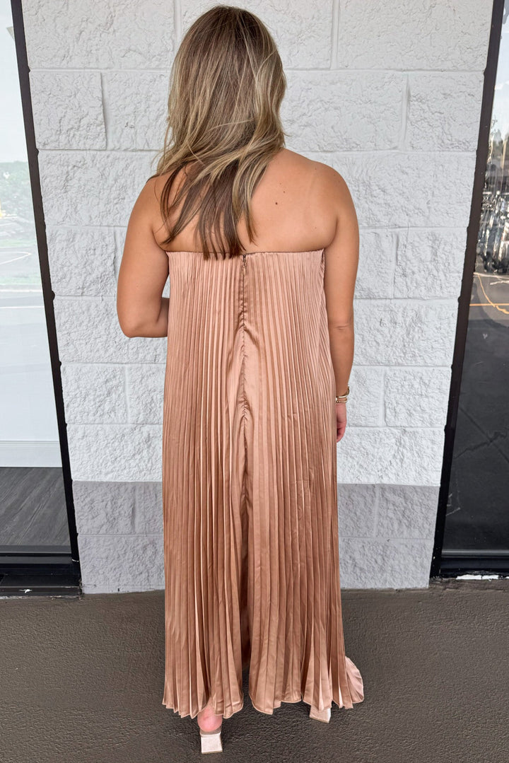 solid light bronze strapless satin asymmetrical hem pleated satin maxi dress with back zipper closure