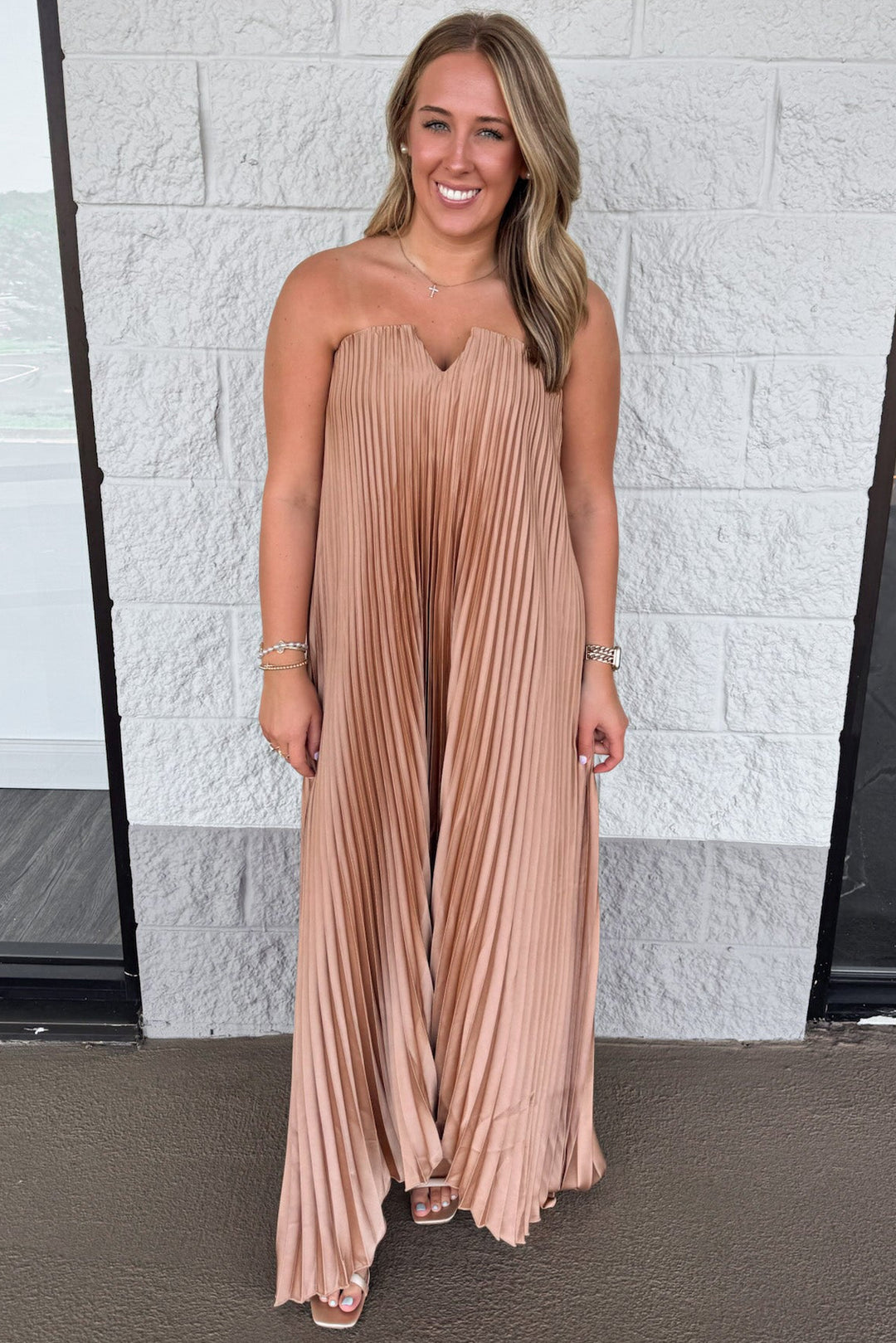 solid light bronze strapless satin asymmetrical hem pleated satin maxi dress