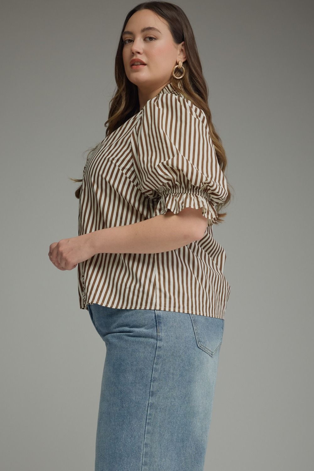 Entro brown and cream striped plus size top with smocked ruffle trim and ruffle neck