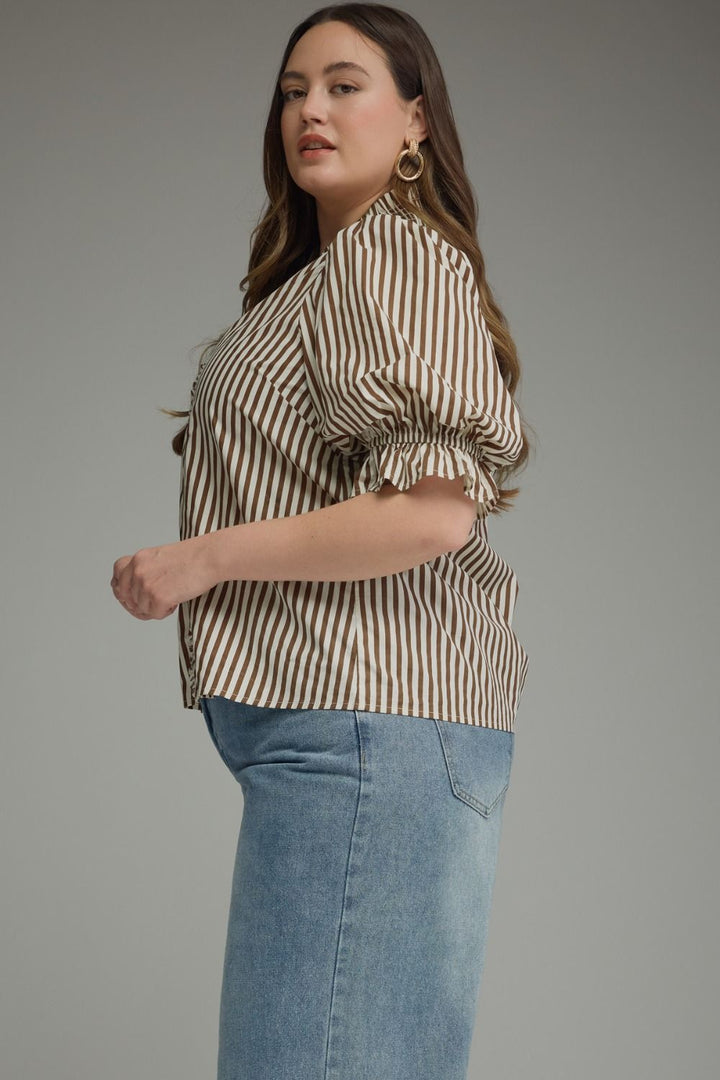 Entro brown and cream striped plus size top with smocked ruffle trim and ruffle neck