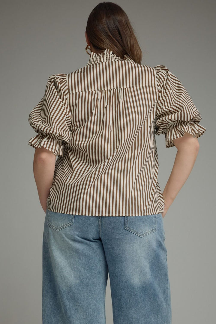 Entro brown and cream striped plus size top with smocked ruffle trim and a flattering silhouette