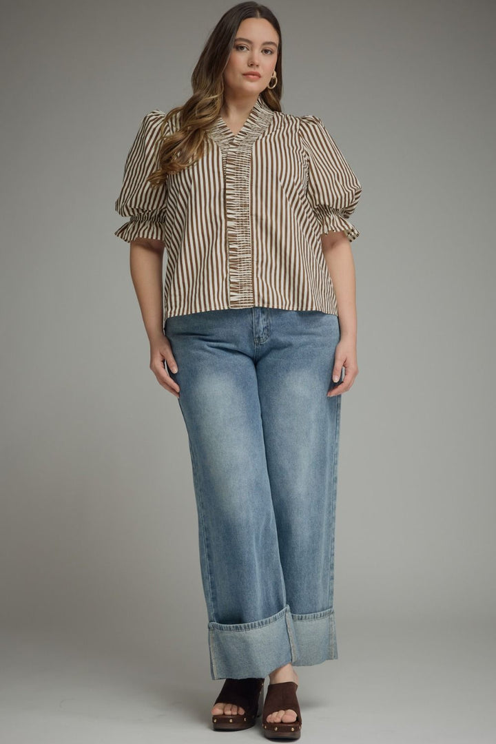 Entro brown and cream striped plus size top with snap front and smocked ruffle trim 
