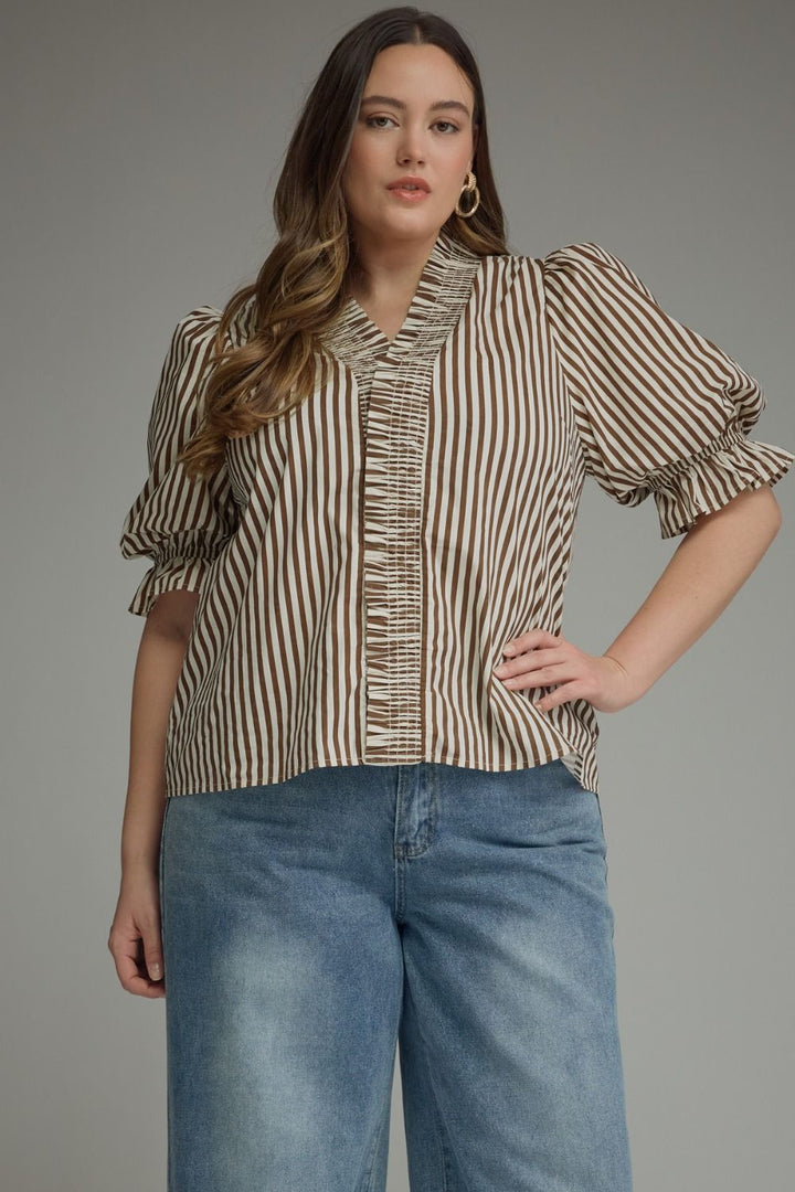 Entro brown and cream striped plus size top with smocked ruffle trim