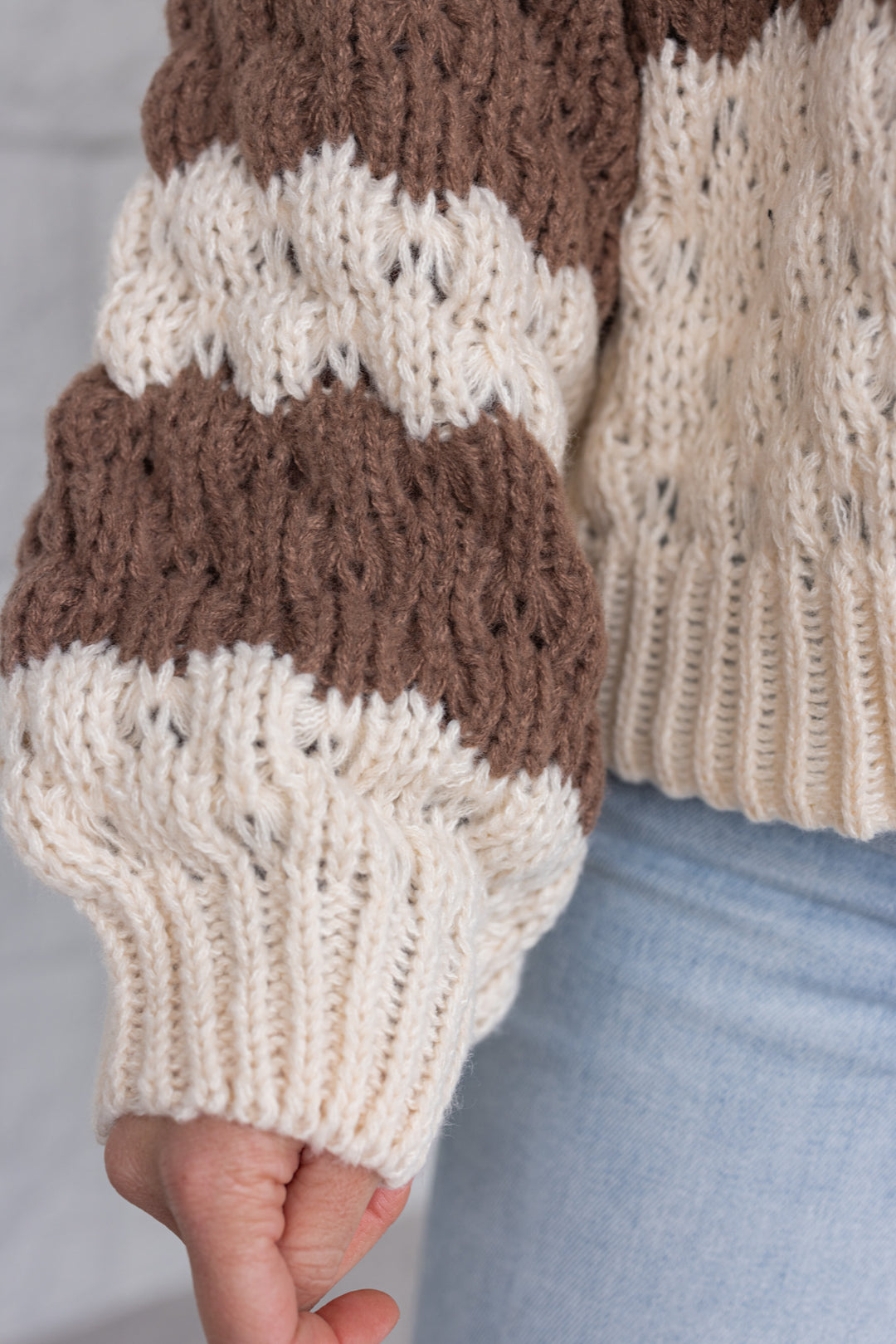 Women's cream and chocolate brown wide striped knit sweater cardigan by Wishlist showing sleeve detail