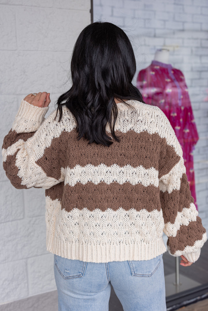 Women's cream and chocolate brown wide striped knit sweater cardigan by Wishlist showing up close back view