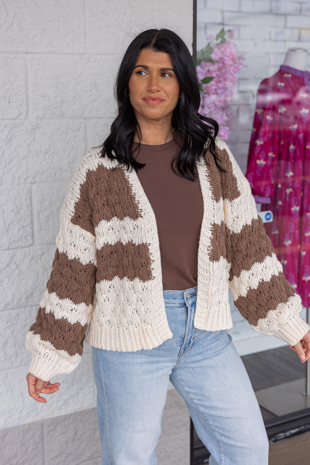 Women's cream and chocolate brown wide striped knit sweater cardigan by Wishlist showing up close, slight side view