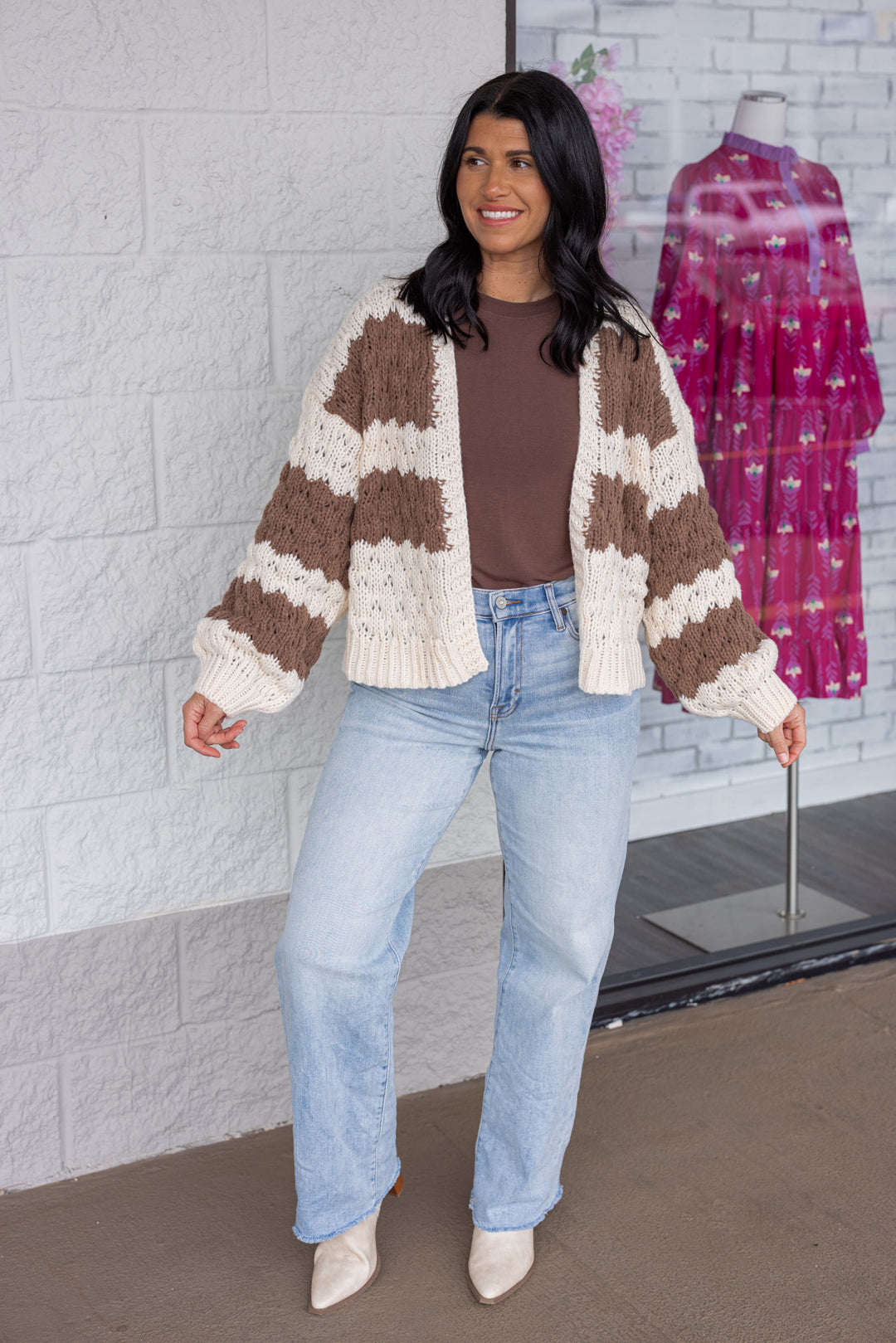 Women's cream and chocolate brown wide striped knit sweater cardigan by Wishlist showing full front view