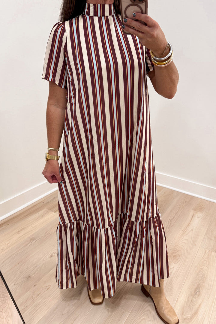 brown beige and pale blue striped short sleeve mock neck ruffle tiered hem midi dress