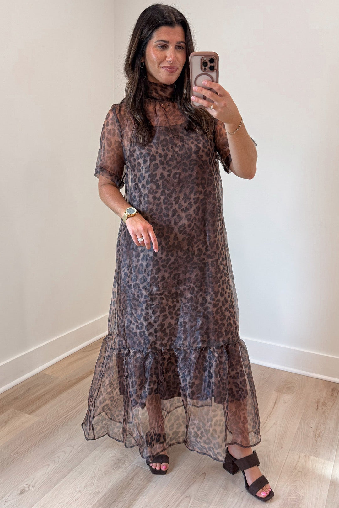 brown and black leopard print short sleeve flowy sheer overlay midi dress with ruffle tiered hem