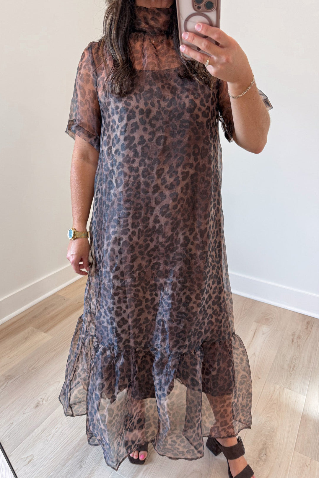 brown and black leopard print short sleeve mock neck flowy sheer overlay midi dress