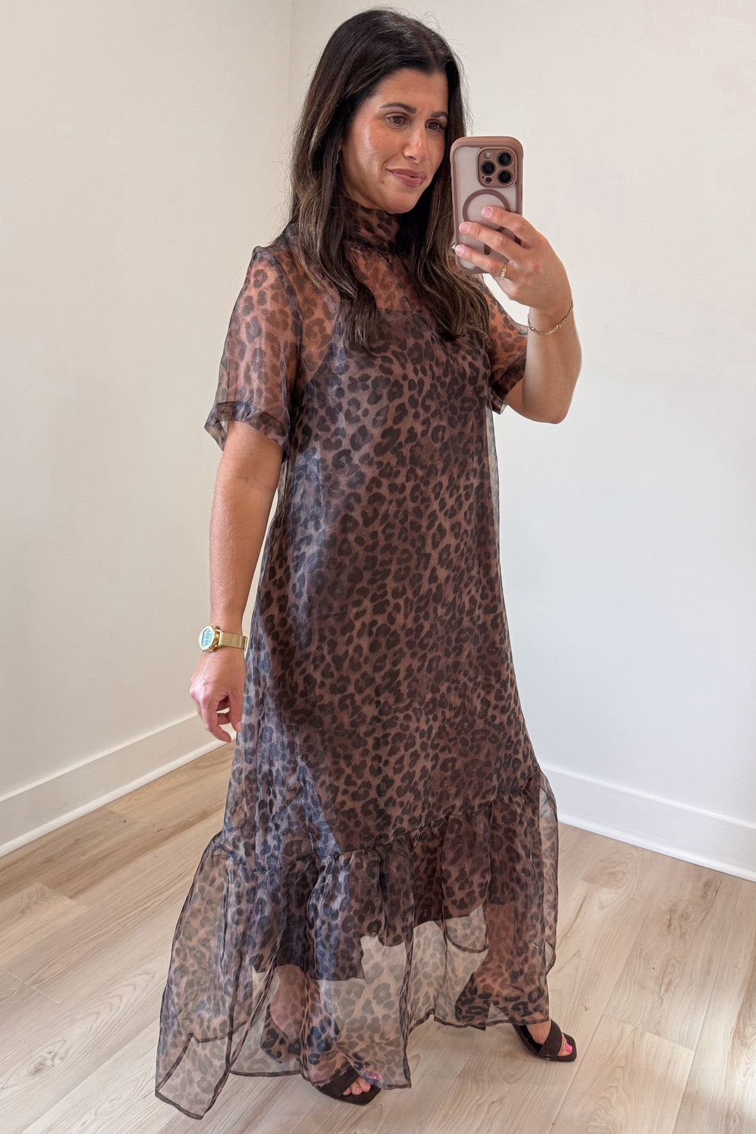 brown and black leopard print short sleeve flowy sheer overlay midi dress with removable slip