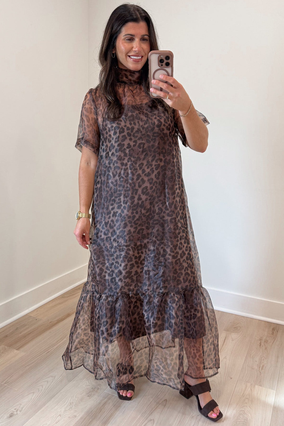 brown and black leopard print short sleeve flowy sheer overlay midi dress