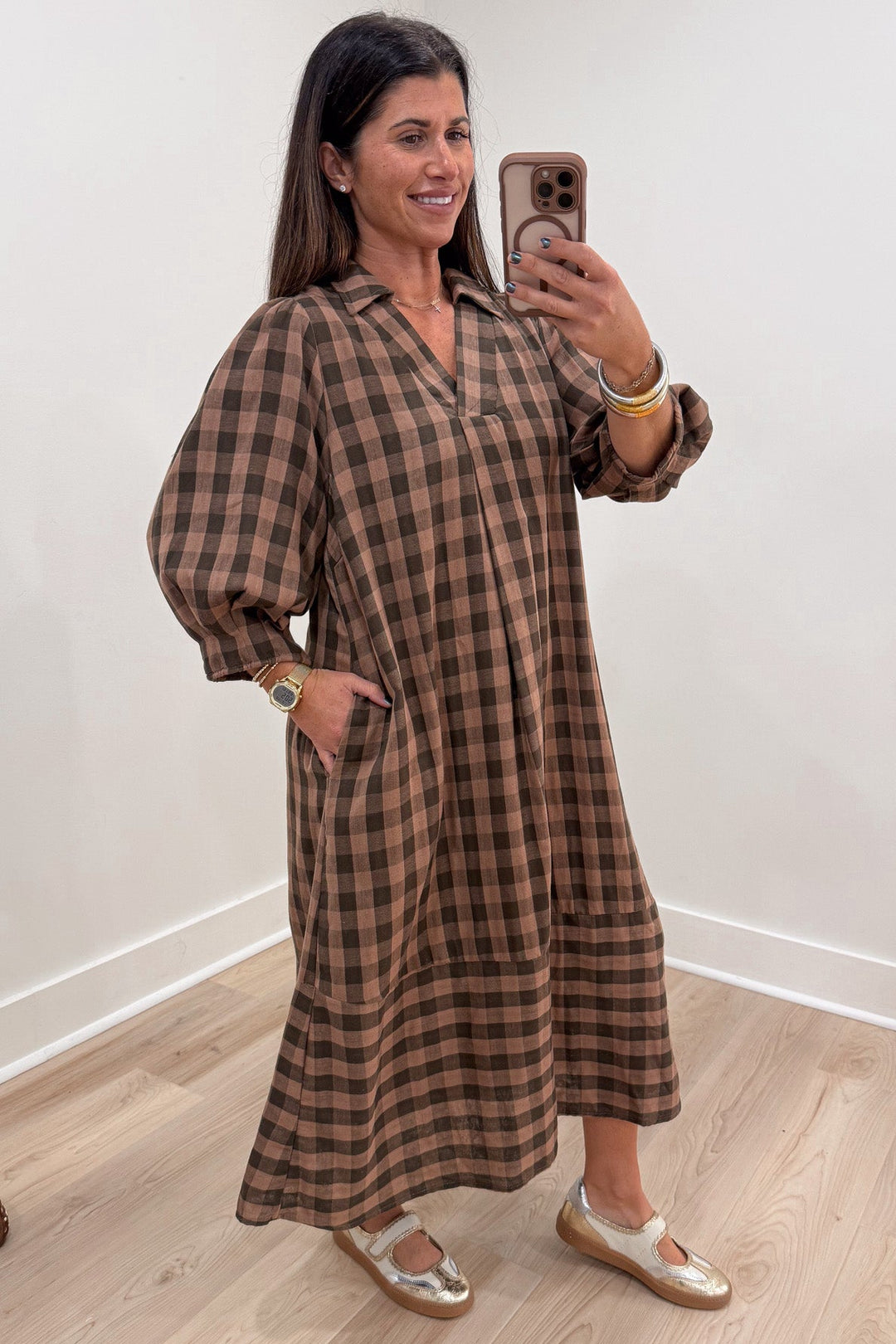 light brown and black plaid print 3/4 length balloon sleeve v neckline tiered cotton midi dress