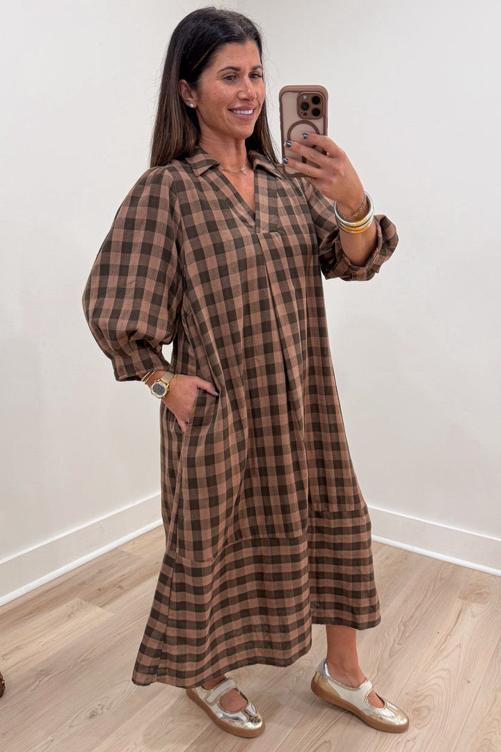 light brown and black plaid print 3/4 length balloon sleeve v neckline tiered cotton midi dress