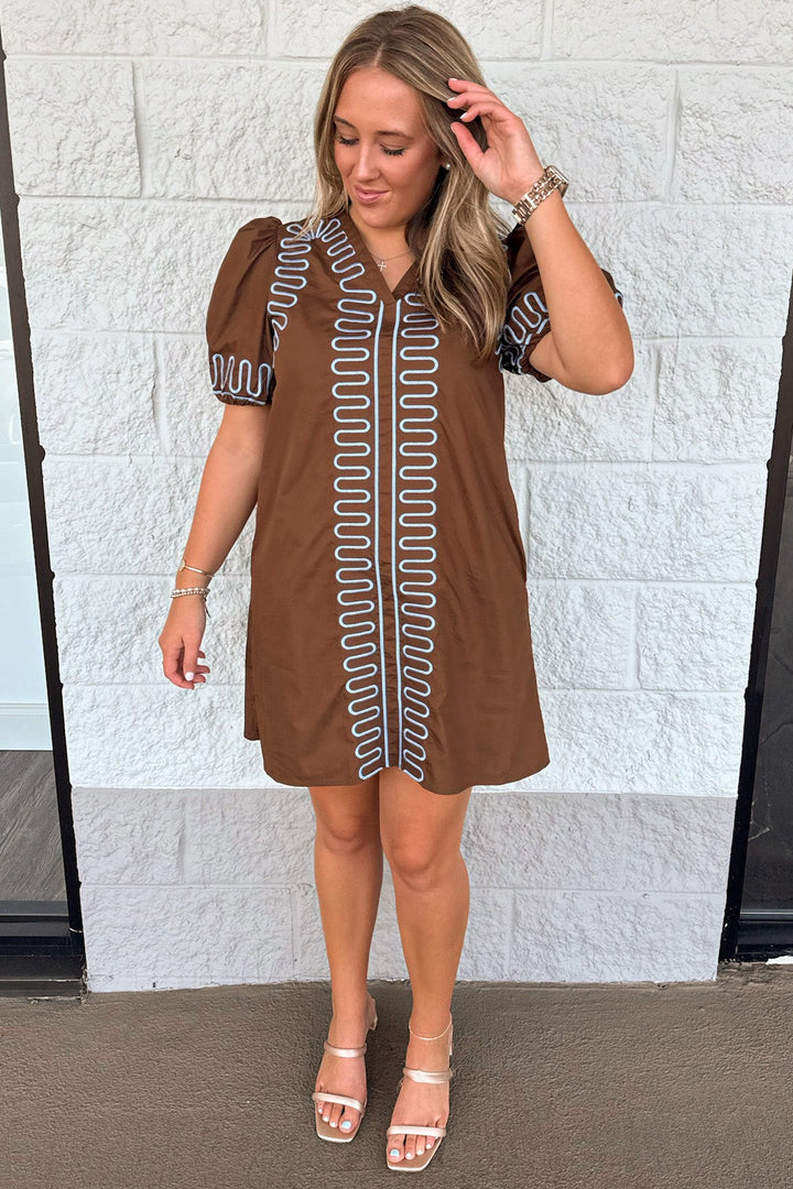 brown with light blue embroidery design puff sleeve cotton poplin shift dress
