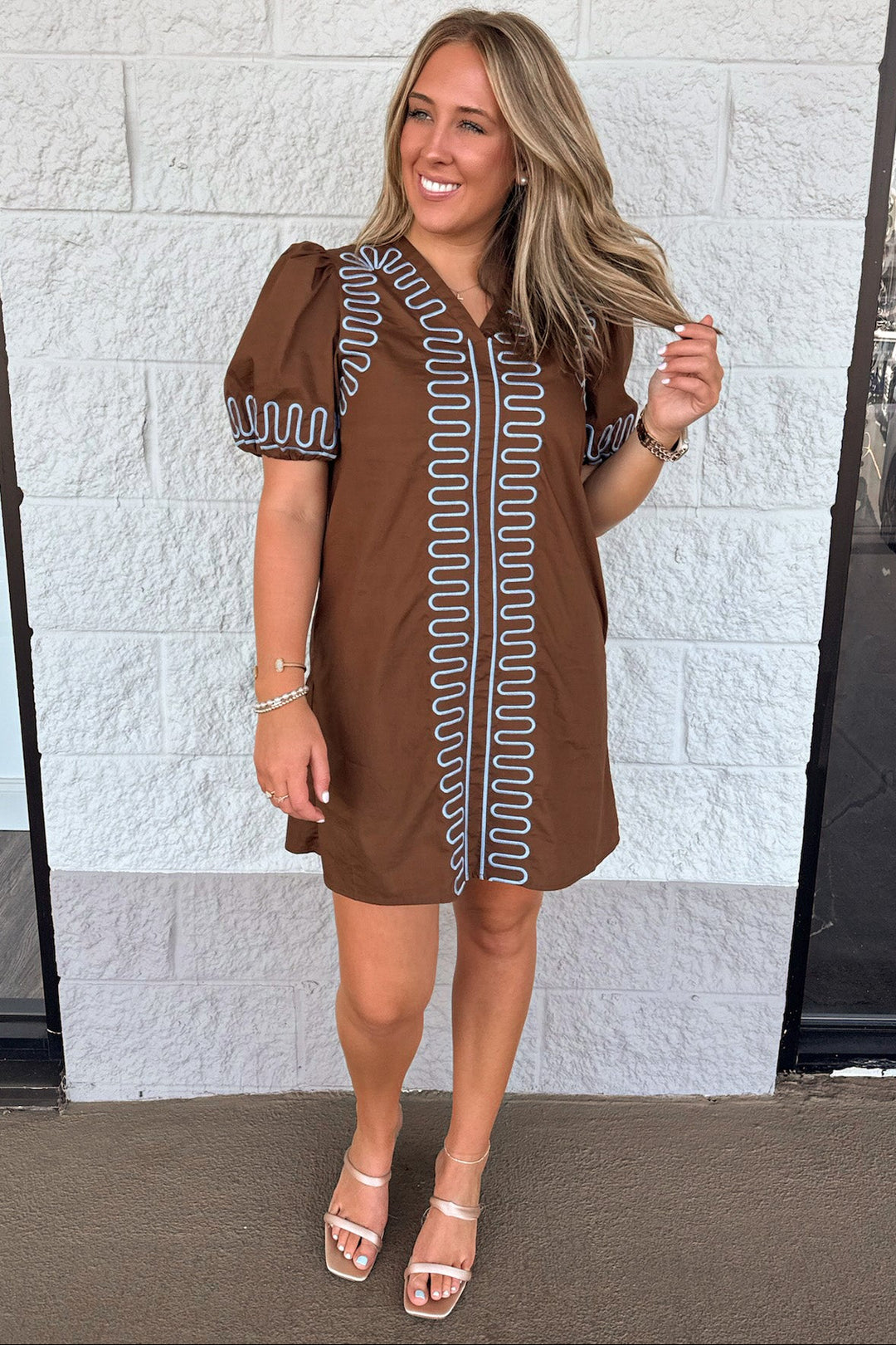 brown with light blue embroidery design puff sleeve short poplin shift dress