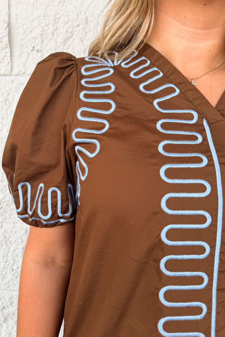 brown with light blue embroidery design v neckline puff sleeve poplin shift dress