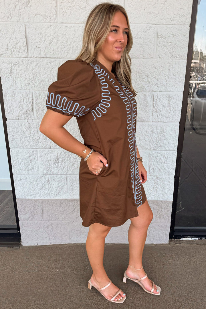 brown with light blue embroidery design puff sleeve poplin shift dress with side pockets