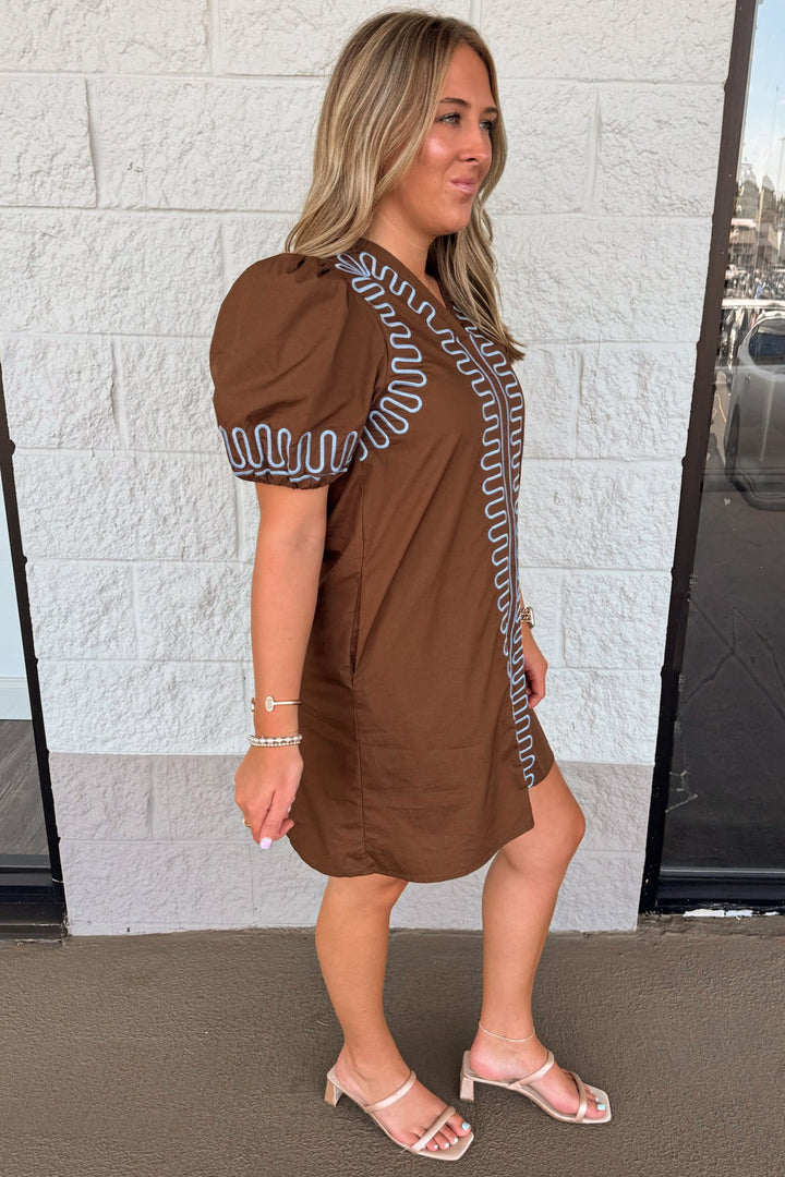 brown with light blue embroidery design cuffed puff sleeve poplin shift dress