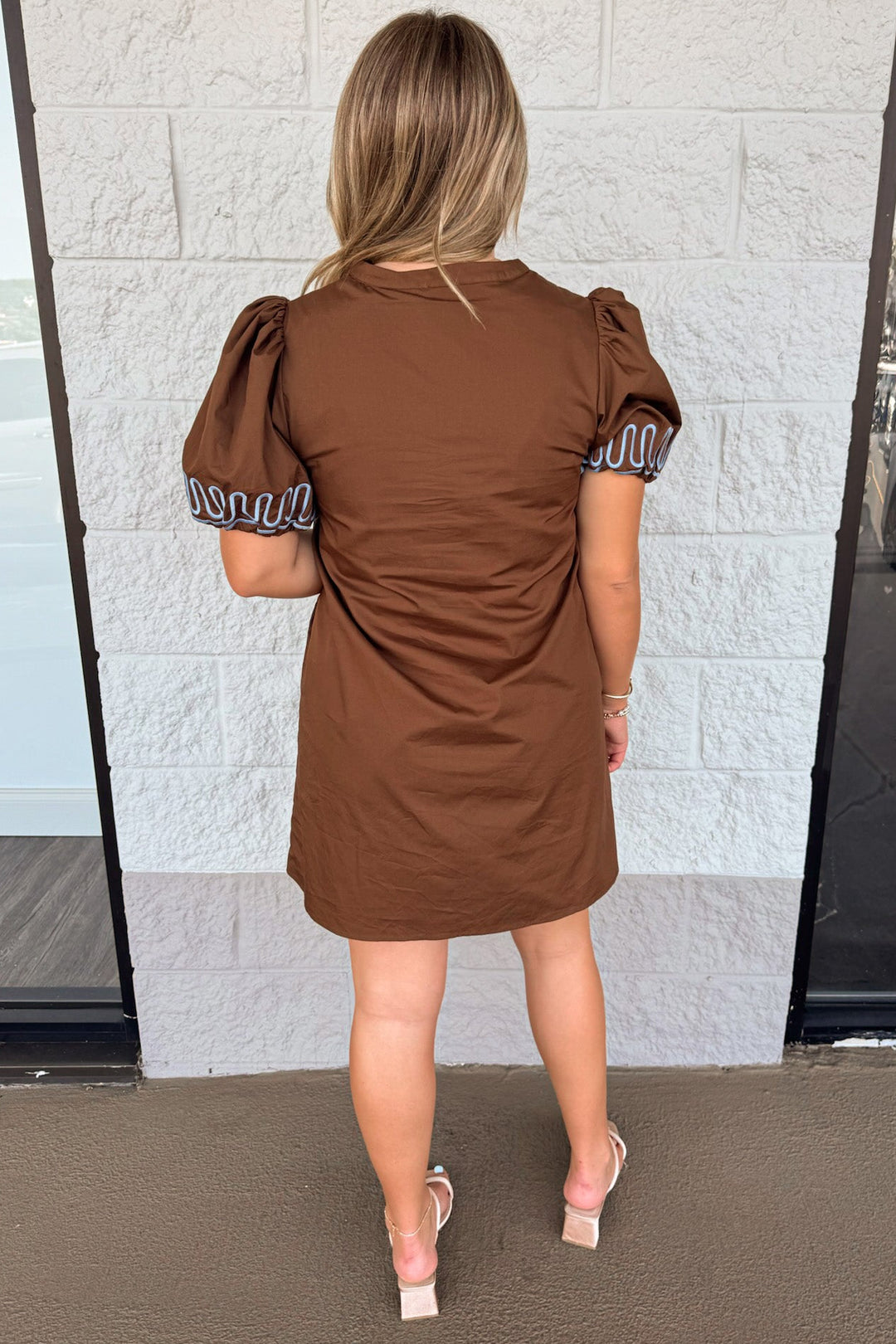 brown with light blue embroidery design puff sleeve relaxed silhouette poplin shift dress
