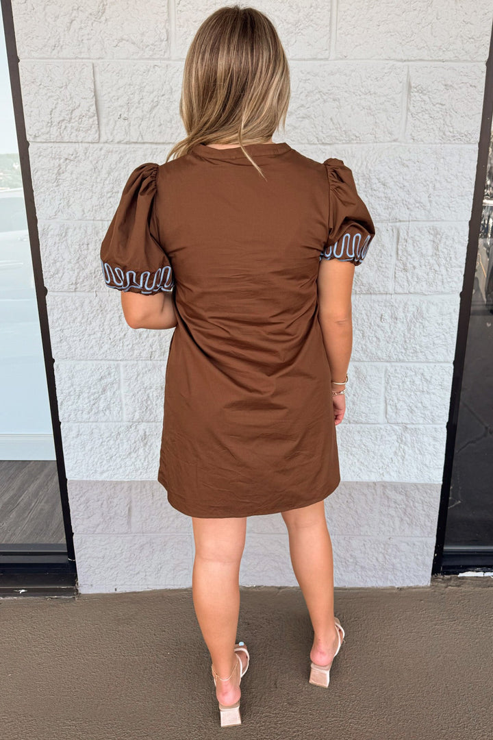 brown with light blue embroidery design puff sleeve relaxed silhouette poplin shift dress