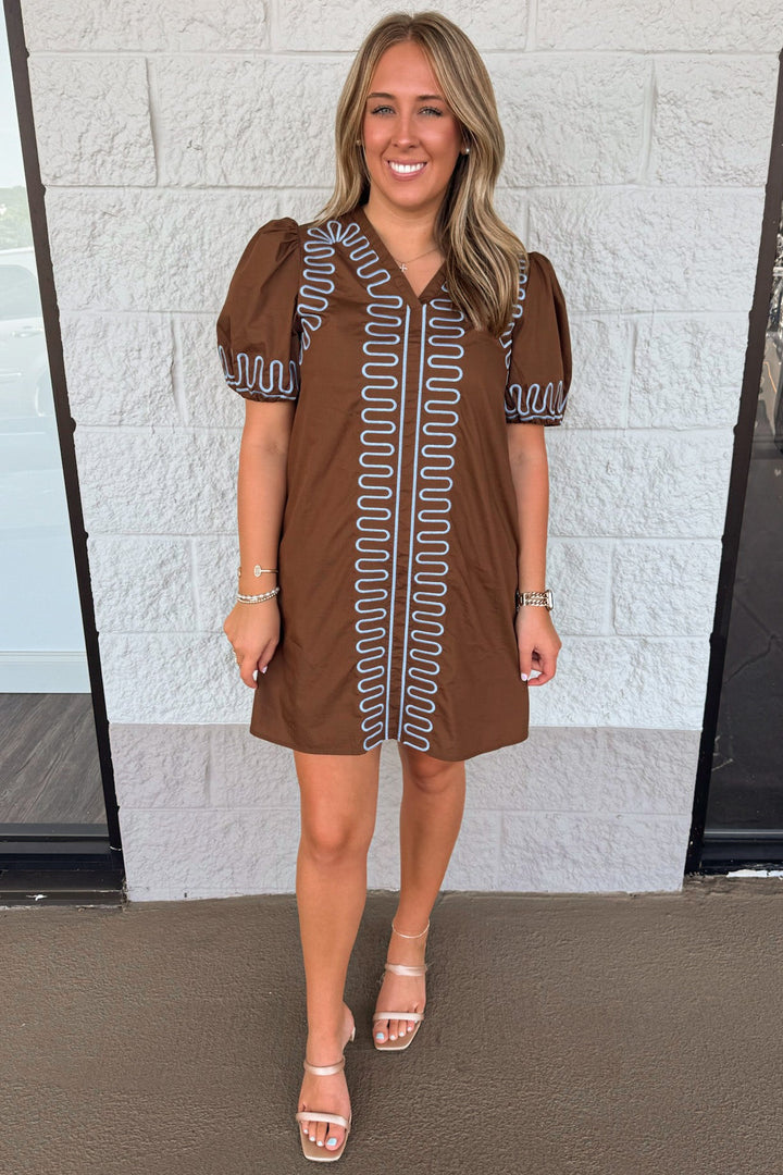 brown with light blue embroidery design puff sleeve poplin shift dress