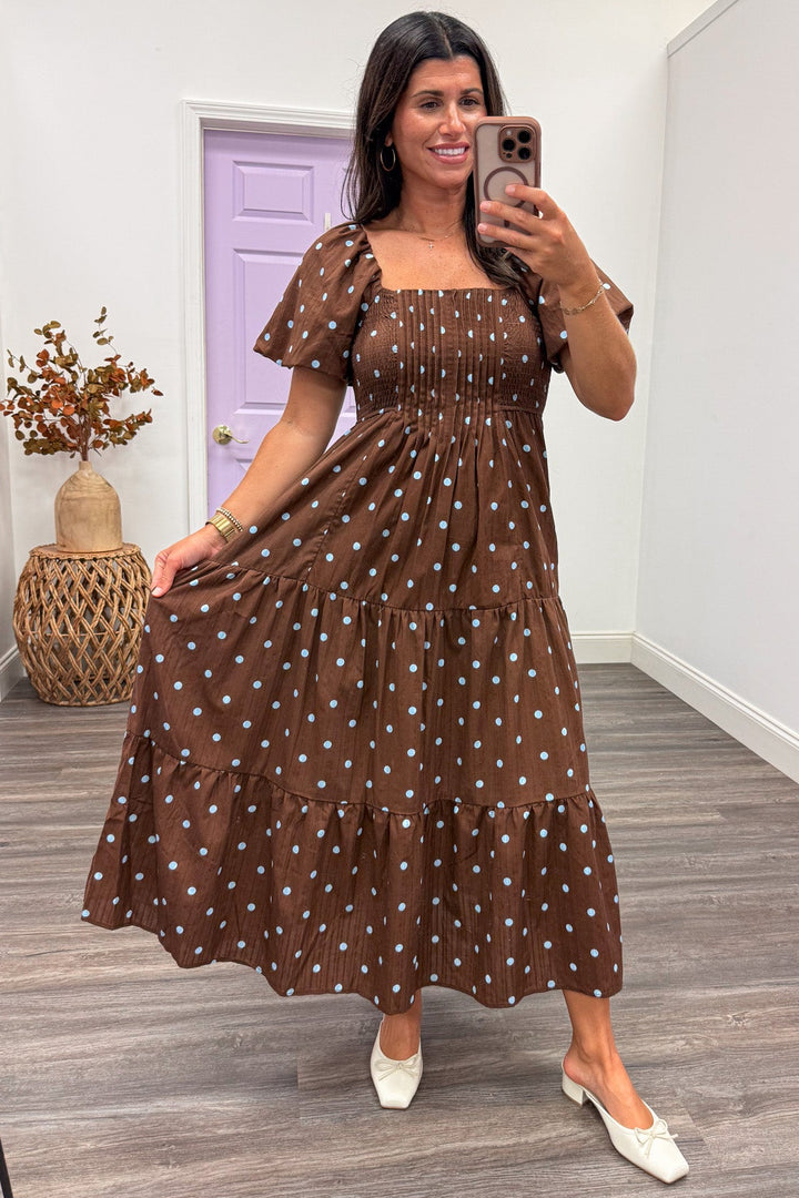 brown with light blue polka dot print puff sleeve cotton midi dress with tiered flowy skirt