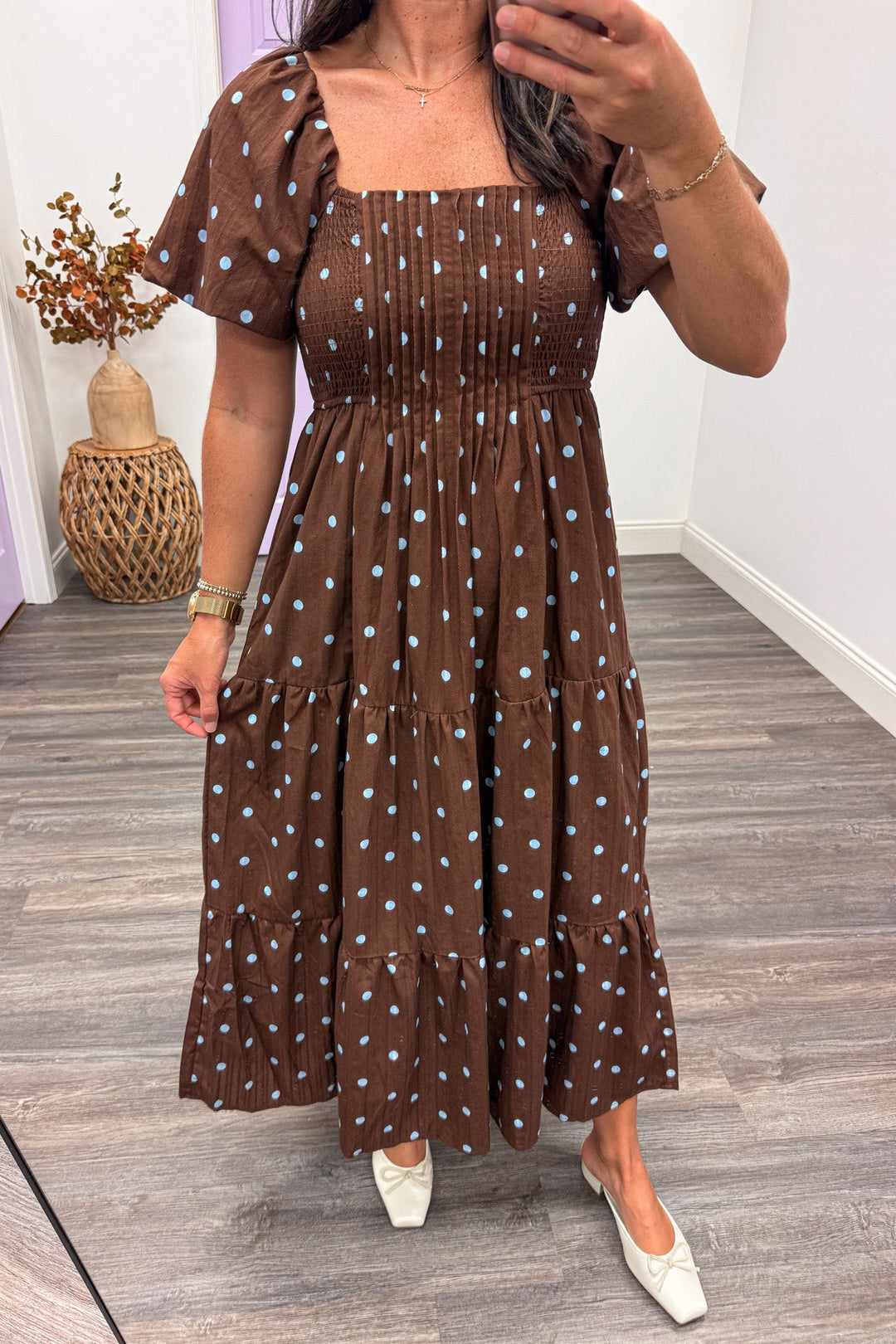 brown with light blue polka dot print puff sleeve square neckline tiered cotton midi dress