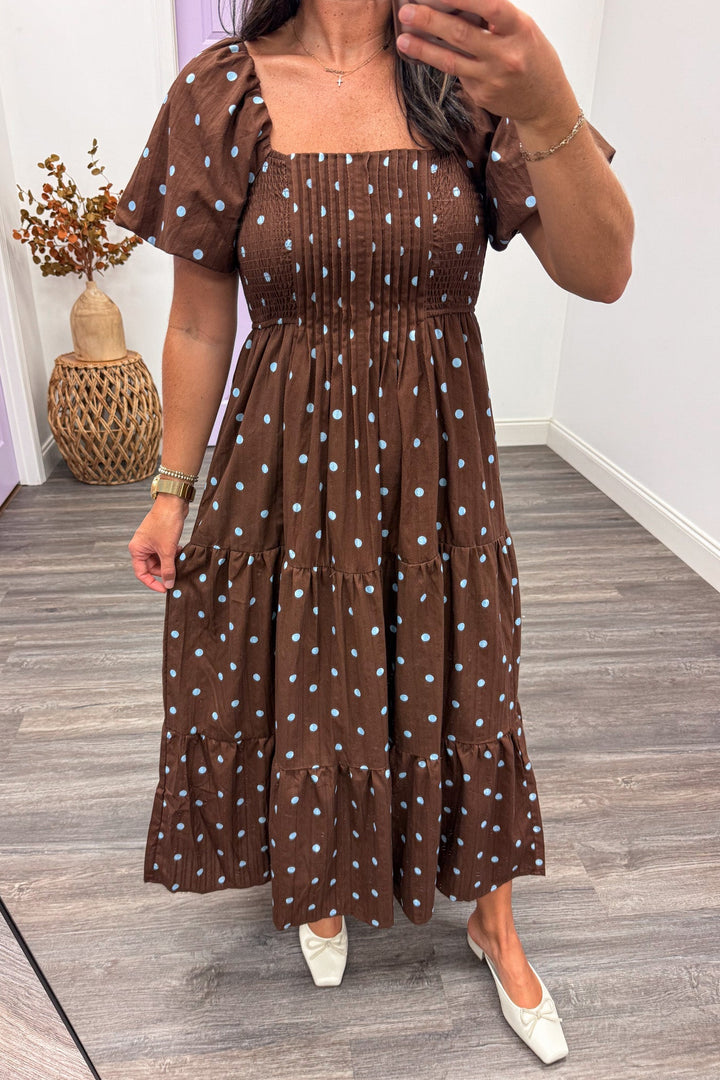 brown with light blue polka dot print puff sleeve square neckline tiered cotton midi dress
