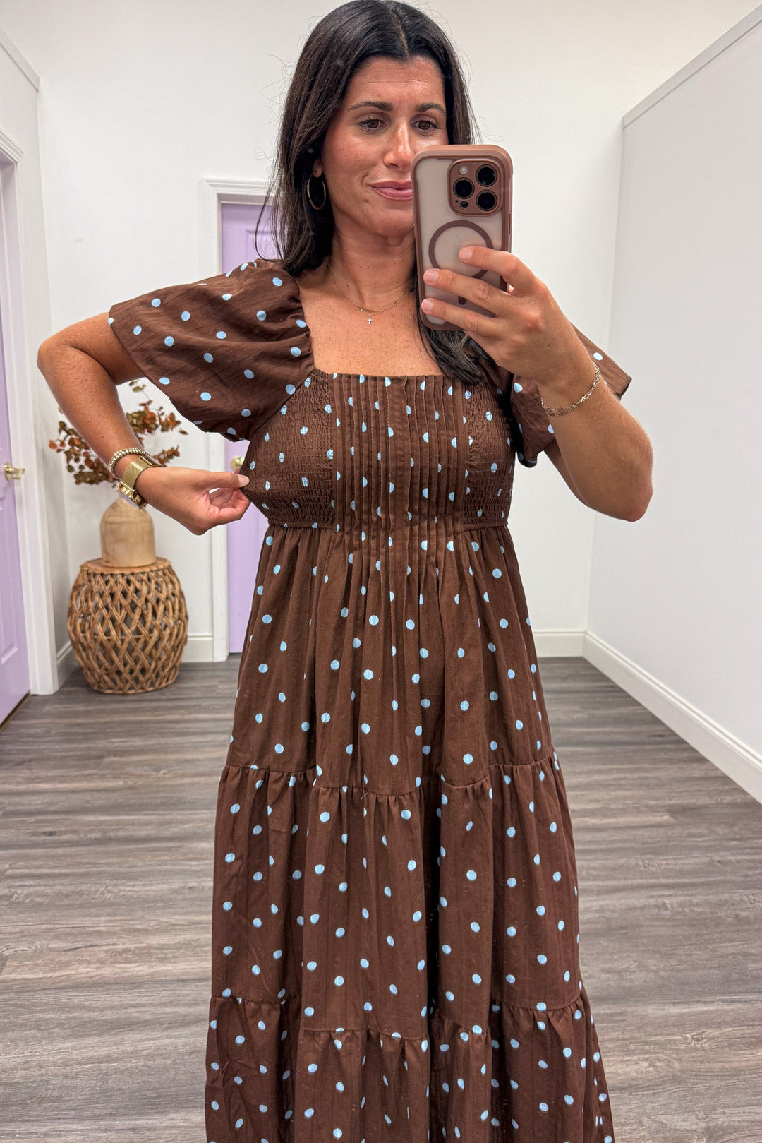 brown with light blue polka dot print puff sleeve tiered cotton midi dress with smocked bodice