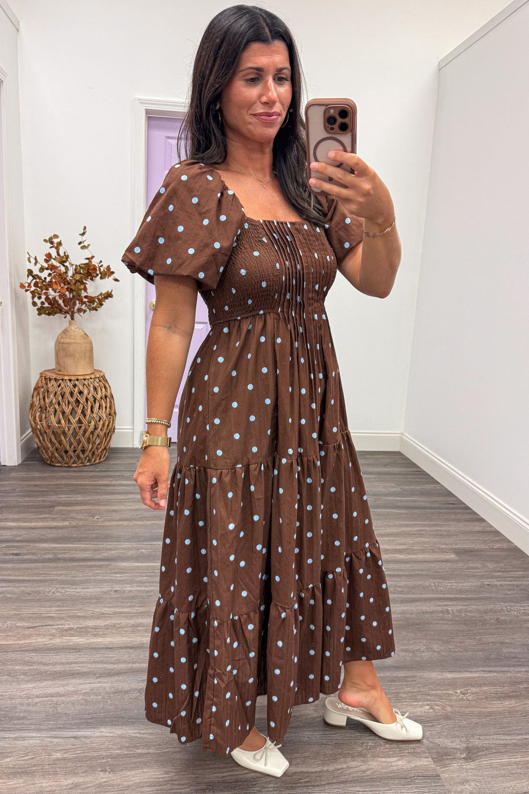 brown with light blue polka dot print puff sleeve tiered cotton midi dress with pintuck details